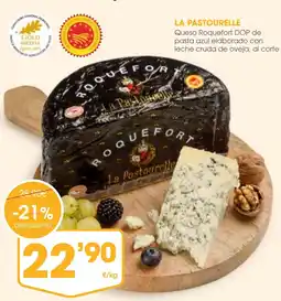 Supermercados Plaza LA PASTOURELLE Queso Roquefort DOP de pasta azul elaborado con leche cruda de oveja oferta