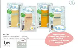 Supermercados Plaza MILKIMI Queso Gouda, Emmental, Cheddar naranja o Mozzarella en lonchas oferta