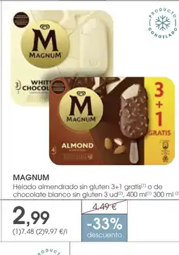 Supermercados Plaza MAGNUM Helado almendrado sin gluten 3+1 gratis o de chocolate blanco sin gluten oferta