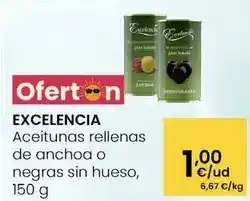 Eroski Excelencia - aceitunas rellenas de anchoa o negras sin hueso oferta