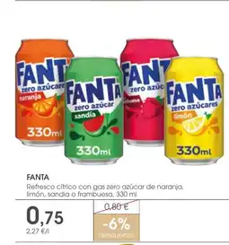 Supermercados Plaza FANTA Refresco cítrico con gas zero azúcar de naranja, limón, sandia o frambuesa oferta