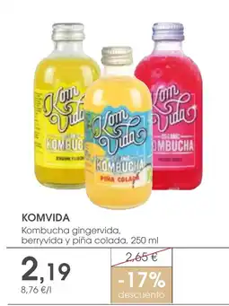 Supermercados Plaza KOMVIDA Kombucha gingervida, berryvida y piña colada oferta