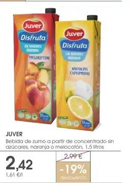 Supermercados Plaza JUVER Bebida de zumo a partir de concentrado sin azúcares, naranja o melocotón oferta