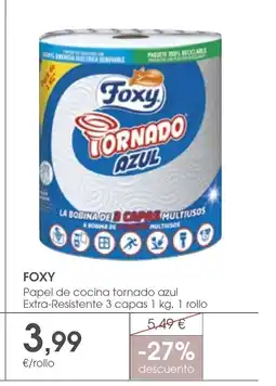 Supermercados Plaza FOXY Papel de cocina tornado azul Extra-Resistente 3 capas oferta