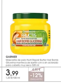 Supermercados Plaza GARNIER Mascarilla de pelo Nutri Repair Butter Hair Bomb Glicerina manteca de karité con o sin aclarado para cabello muy seco oferta