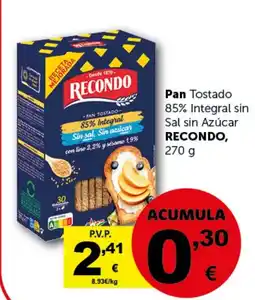 Masymas RECONDO Pan Tostado 85% Integral sin Sal sin Azúcar oferta