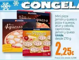 Unide Supermercados UNIDE Mini pizza jamón y queso o pizza 4 quesos, atún y cebolla, capricciosa, jamón y queso oferta