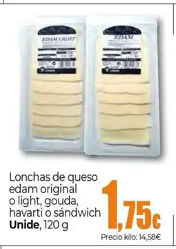 Unide Supermercados UNIDE Lonchas de queso edam original o light, gouda, havarti o sándwich oferta