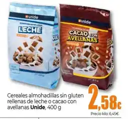 Unide Supermercados UNIDE Cereales almohadillas sin gluten rellenas de leche o cacao con avellanas oferta