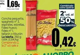 Unide Supermercados LA ISLEÑA Concha pequeña, spaghetti n° 3, espirales, estrellas, fideo hueco, fideo nº 1, oferta