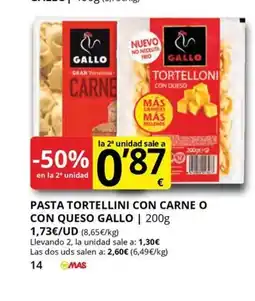Supermercados MAS GALLO Pasta tortellini con carne o con queso oferta