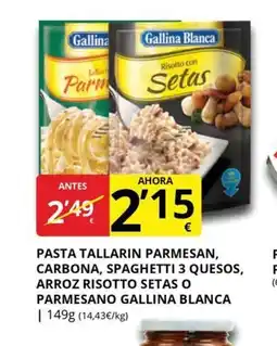 Supermercados MAS GALLINA BLANCA Pasta tallarin parmesan, carbona, spaghetti 3 quesos, arroz risotto setas o parmesano oferta
