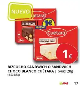 Supermercados MAS CUÉTARA Bizcocho sandwich o sandwich choco blanco oferta