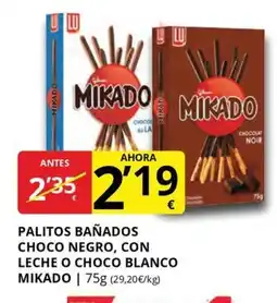 Supermercados MAS MIKADO Palitos bañados choco negro, con leche o choco blanco oferta
