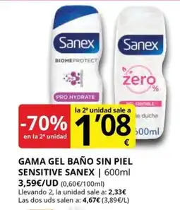Supermercados MAS SANEX Gama gel baño sin piel sensitive oferta