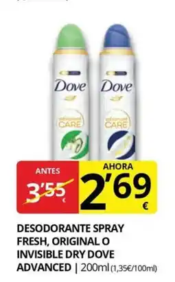 Supermercados MAS DOVE Desodorante spray fresh, original o invisible dry oferta