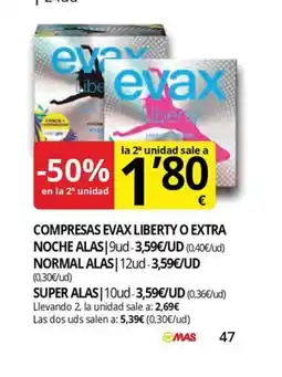 Supermercados MAS Compresas evax liberty o extra noche alas oferta