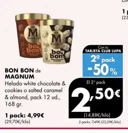 Supermercados Lupa BON BON de MAGNUM Helado white chocolate & cookies o salted caramel & almond oferta