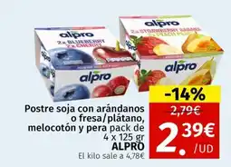 Maskom Supermercados ALPRO Postre soja con arándanos o fresa/plátano, melocotón y melocotón y pera pack de oferta