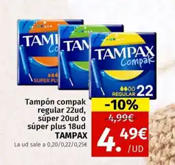 Maskom Supermercados TAMPAX Tampón compak regular 22ud, súper 20ud o súper plus 18ud oferta