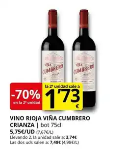 Supermercados MAS Vino rioja viña cumbrero crianza oferta