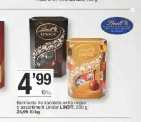 BonpreuEsclat Sind! shout linoon lindok 4'99 elu bombons de xocolata extra negra o assortiment lindor lindt, 200 g 24,95 €/kg oferta