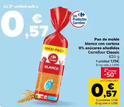Carrefour Carrefour classic - pan de molde blanco con corteza 0% azúcares añadidos oferta
