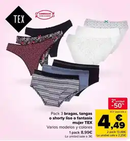 Carrefour Tex - pack 3 bragas, tangas o shorty liso o fantasia mujer oferta