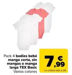 Carrefour Tex - pack 4 bodies bebe manga corta, sin mangas o manga larga oferta