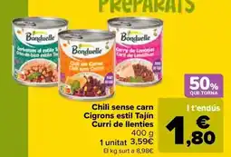 Carrefour Bonduelle - chili sin carne garbanzos al estilo tajín curry de lentejas oferta