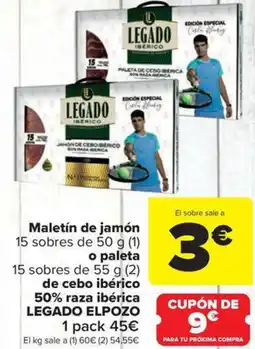 Carrefour Market LEGADO ELPOZO Maletín de jamón 15 sobres de o paleta de cebo ibérico 50% raza ibérica oferta