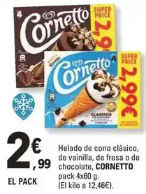 E.Leclerc Cornetto - helado de cono clasico, de vainilla, de fresa o de chocolate oferta