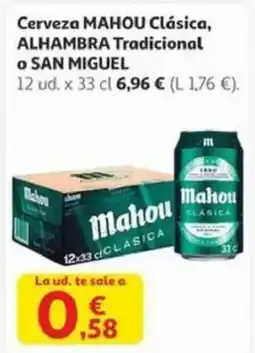 Alcampo Cerveza mahou clásica, alhambra tradicional o san miguel oferta