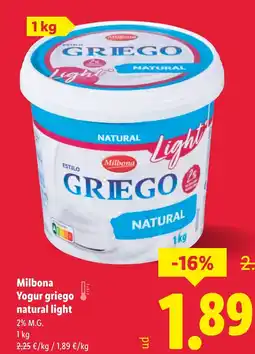 Lidl MILBONA Yogur griego natural light oferta