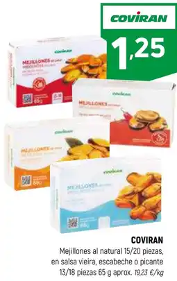 Coviran COVIRAN Mejillones al natural 15/20 piezas, en salsa vieira, escabeche o picante 13/18 piezas oferta