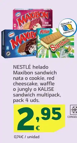 HiperDino NESTLÉ helado Maxibon sandwich nata o cookie, red cheescake, waffle o jungly o KALISE sandwich multipack oferta