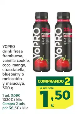 HiperDino YOPRO drink fresa frambuesa, vainilla cookie, coco, mango, stracciatella, blueberry o melocotón y maracuyá oferta