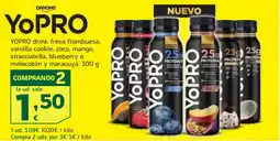 HiperDino YOPRO drink fresa frambuesa, vainilla cookie, coco, mango, stracciatella, blueberry o melocotón y maracuya oferta