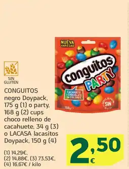 HiperDino CONGUITOS negro Doypack o party cups choco relleno de cacahuete o LACASA lacasitos oferta
