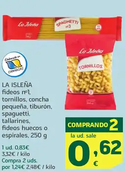 HiperDino LA ISLEÑA fideos nº1, tornillos, concha pequeña, tiburón, spaguetti, tallarines, fideos huecos o espirales oferta