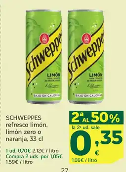 HiperDino SCHWEPPES refresco limón, limón zero o naranja oferta