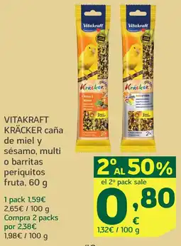 HiperDino VITAKRAFT KRÄCKER caña de miel y sésamo, multi o barritas periquitos fruta oferta