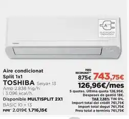 El Corte Inglés Toshiba - aire condicionat split 1x1 seiya+ 13 oferta