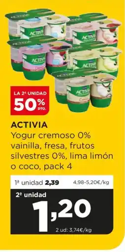 Alimerka ACTIVIA Yogur cremoso 0% vainilla, fresa, frutos. silvestres 0%, lima limón o coco oferta