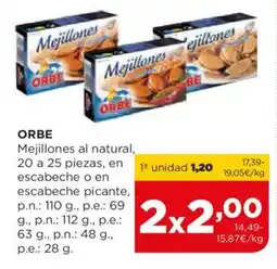 Alimerka ORBE Mejillones al natural, 20 a 25 piezas, en 12 unidad 1,20 escabeche o en escabeche picante, oferta