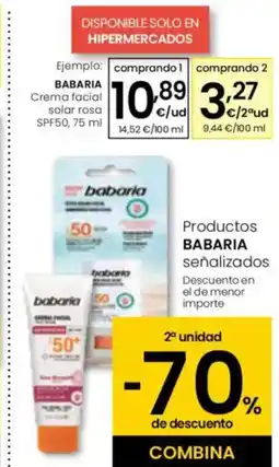 Eroski BABARIA Crema facial solar rosa SPF50 oferta