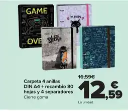 Carrefour Carpeta 4 anillas din a4 + recambio 80 hojas y 4 separadores oferta