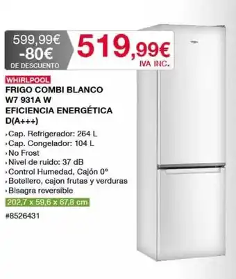 Costco Whirlpool Frigo Combi Blanco W7 931a W Eficiencia Energética D(a+++) oferta