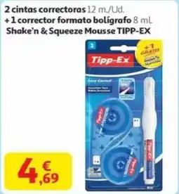 Alcampo TIPP-EX 2 cintas correctoras 12 m./Ud. +1 corrector formato bolígrafo 8 ml. Shake'n & Squeeze Mousse oferta