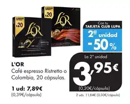 Supermercados Lupa L'OR Café espresso Ristretto o Colombia, 20 cápsulas oferta